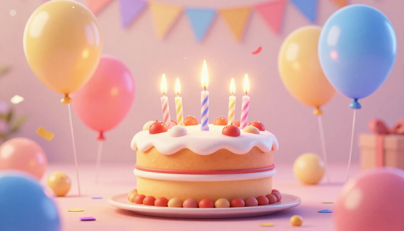 A vibrant and joyful birthday celebration scene in a cute 3D...