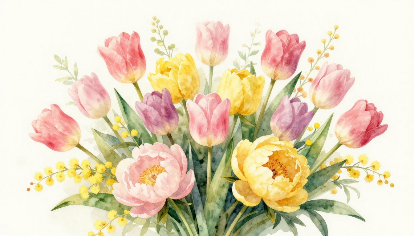 A vibrant and delicate watercolor painting featuring a lush ...