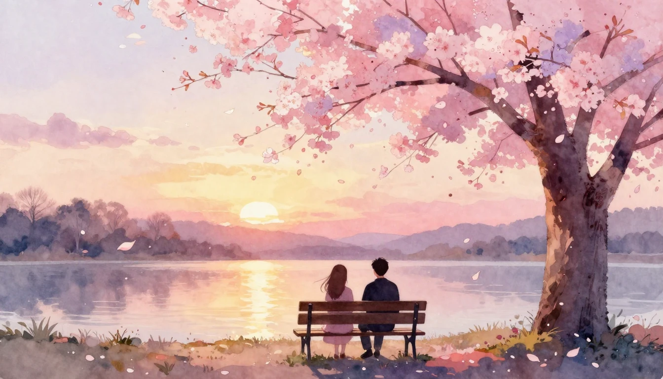A dreamy watercolor painting of two silhouettes sitting on a...