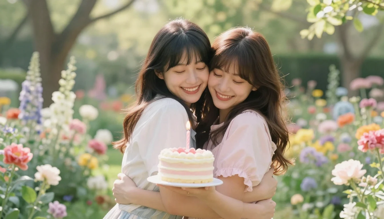 Two best friends hugging warmly in a blooming garden filled ...