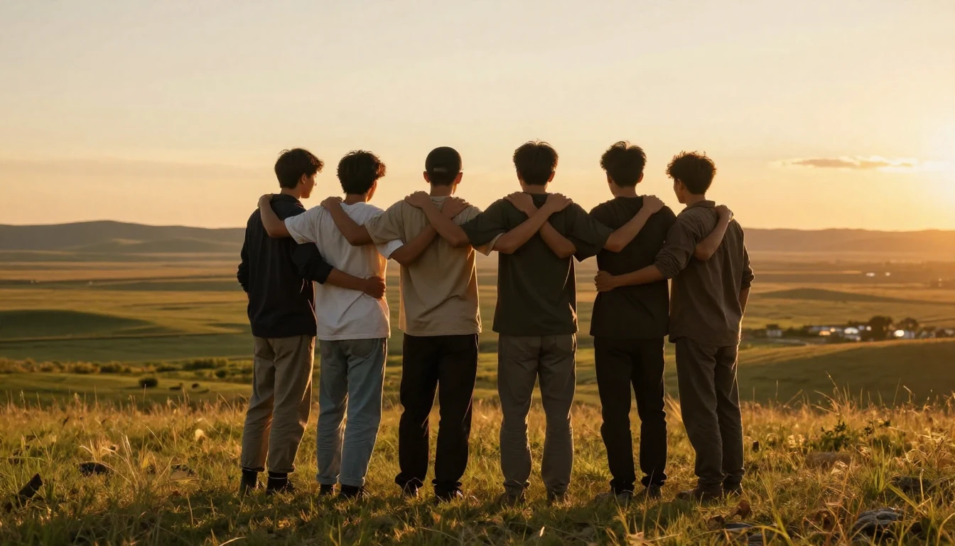 A heartwarming group portrait of young men standing shoulder...
