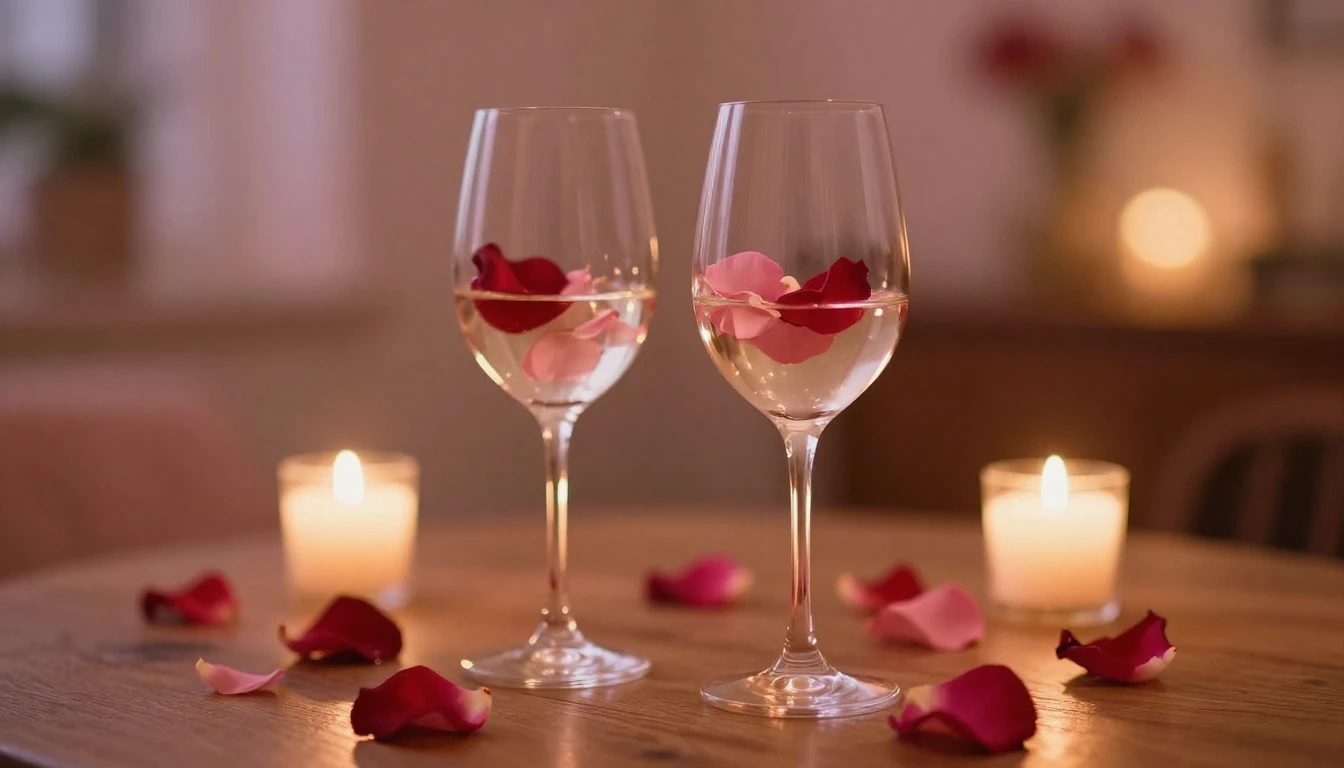 A soft and dreamy scene featuring two elegant wine glasses o...