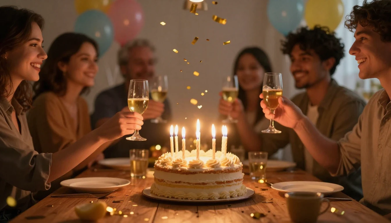 A warm and festive scene celebrating a birthday, focusing on...
