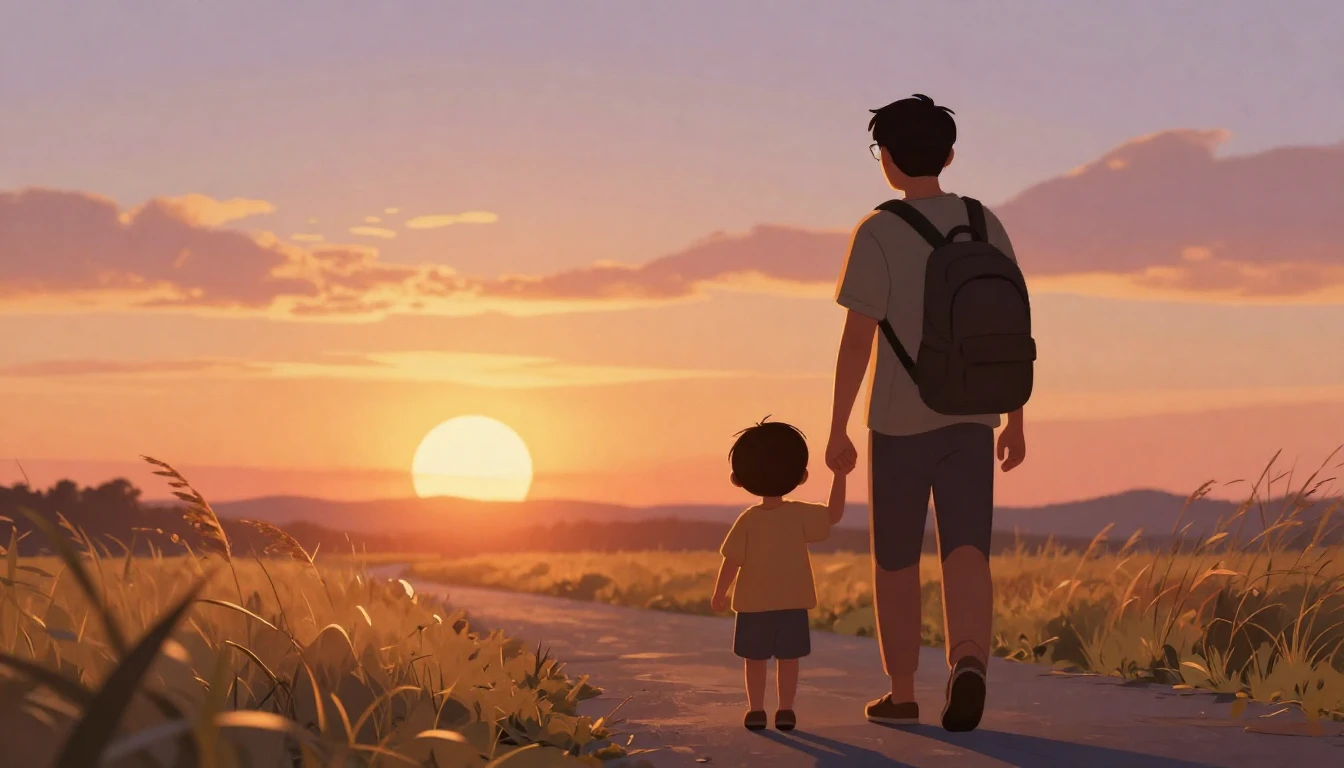 A heartwarming digital art illustration of a father walking ...