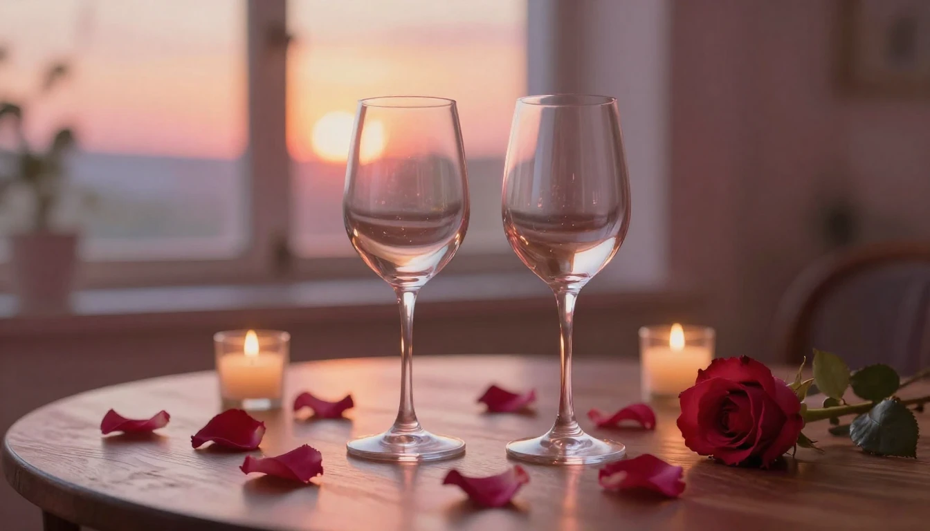 A dreamy and romantic scene featuring two elegant wine glass...