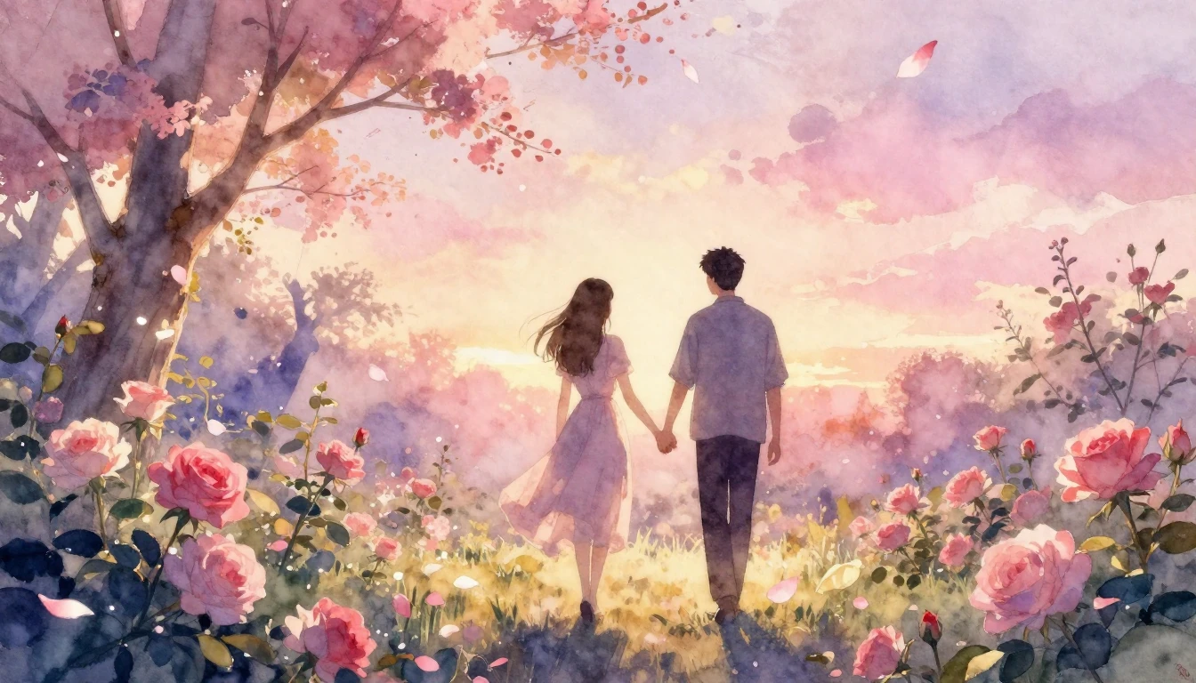 A beautiful watercolor painting of two silhouettes walking h...