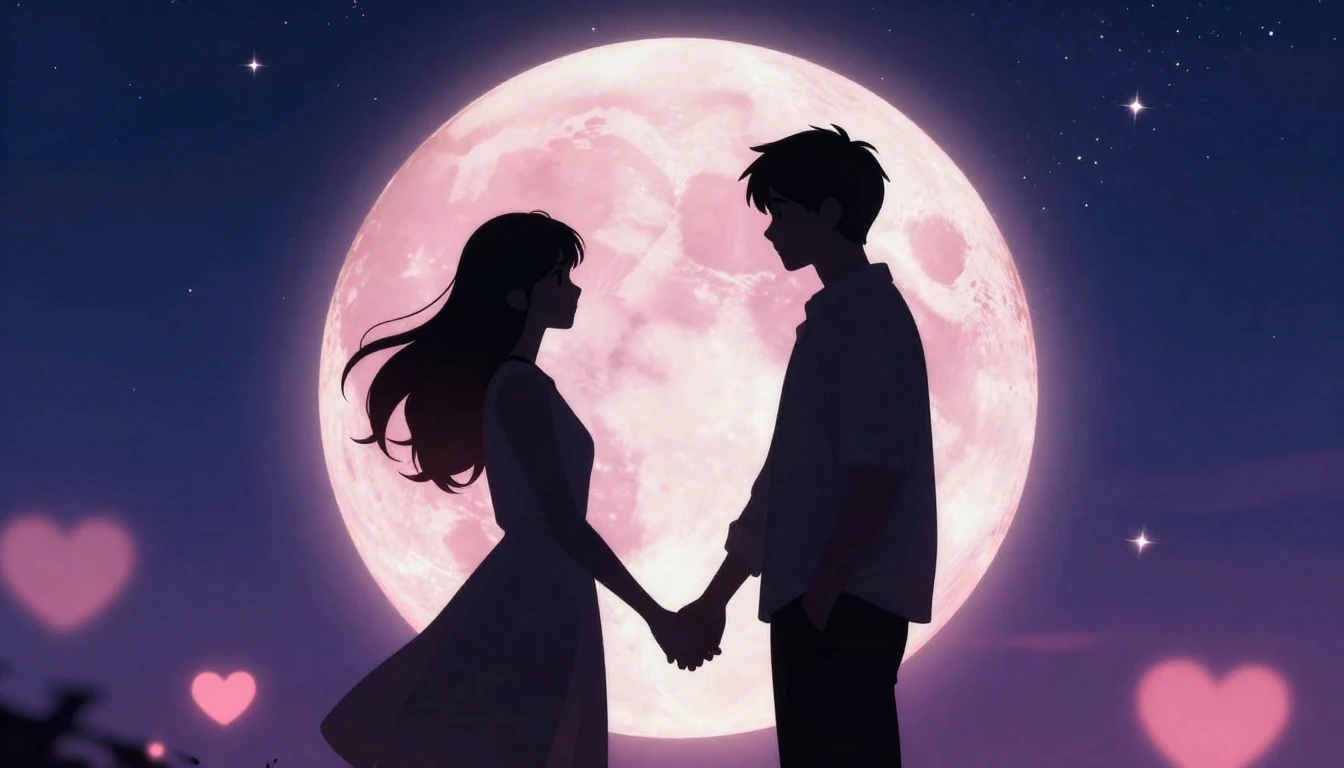 A romantic and atmospheric illustration featuring two silhou...