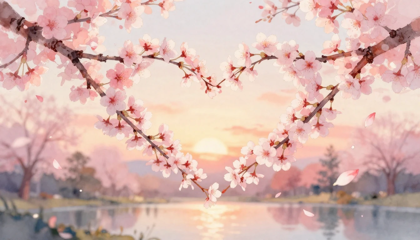 A delicate watercolor painting of two intertwined cherry blo...