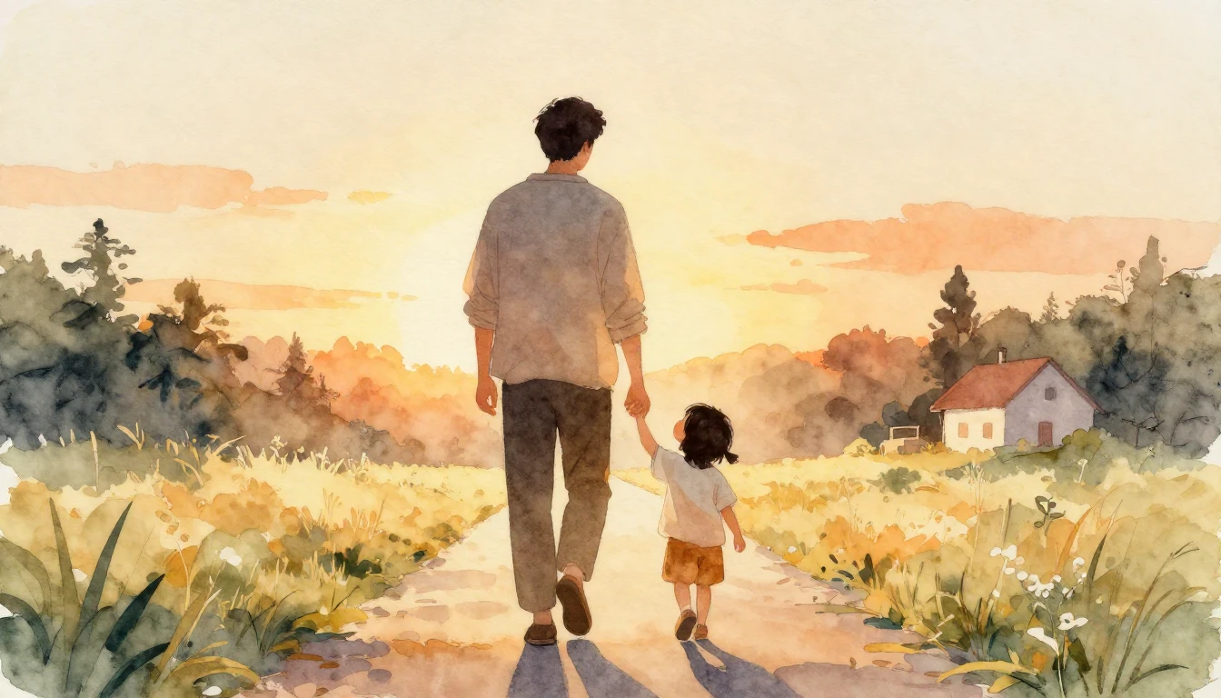 A heartwarming watercolor painting depicting a silhouette of...
