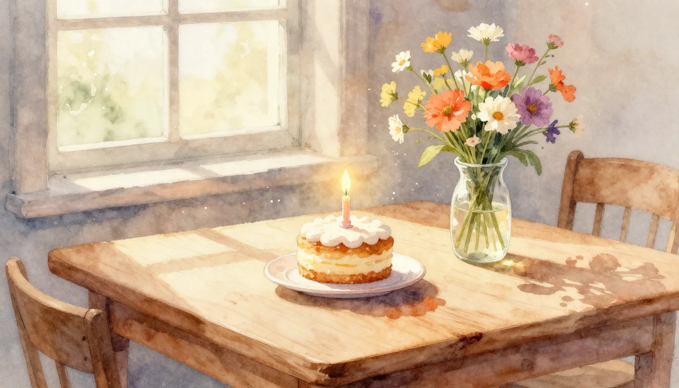 A beautiful watercolor painting of a cozy wooden table decor...