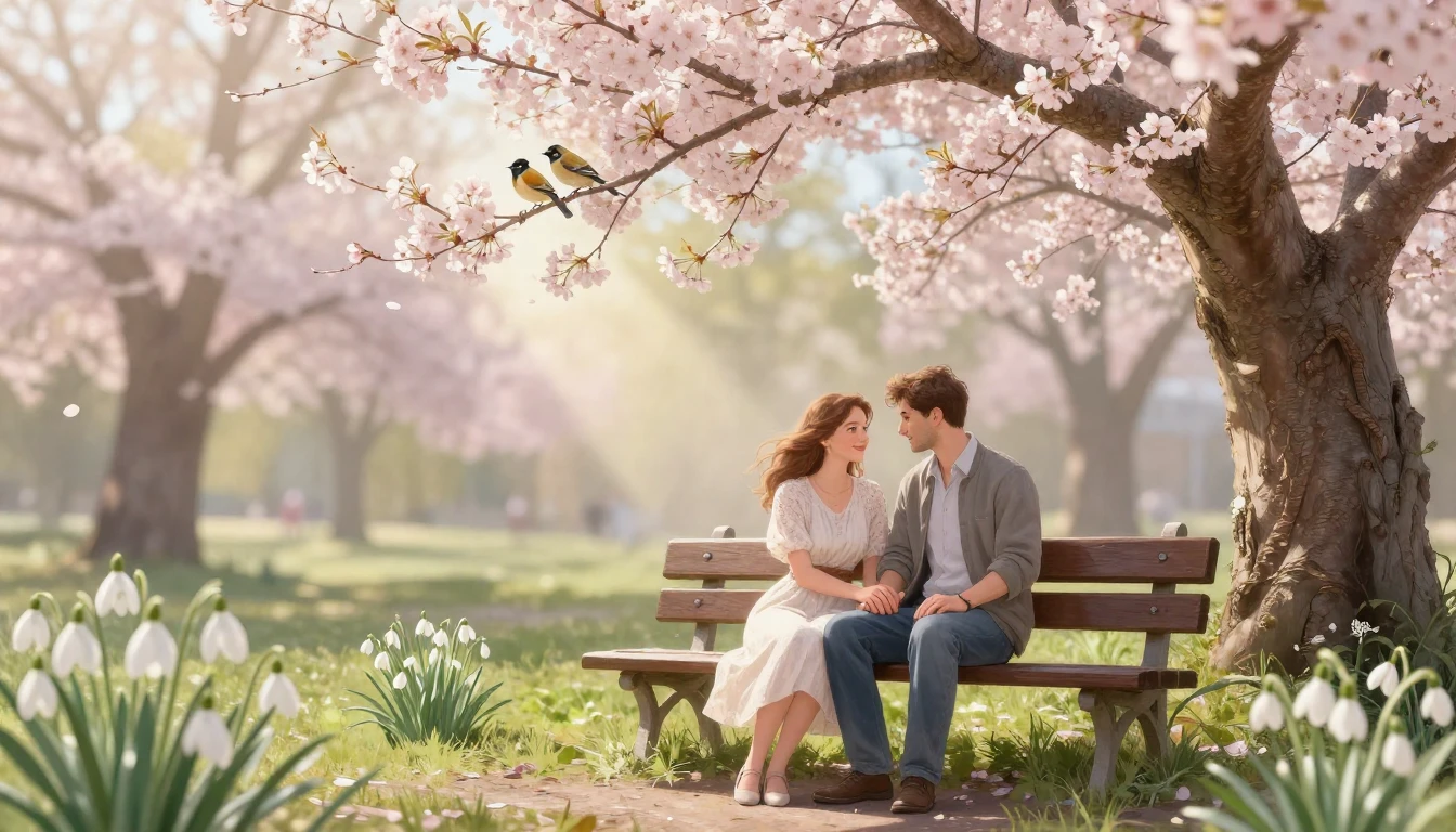 A romantic scene in a blooming park during early spring, rep...