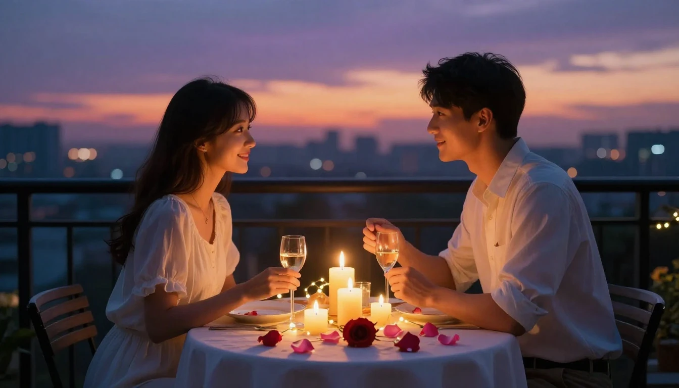 A dreamy and romantic scene of a candlelit table set for two...