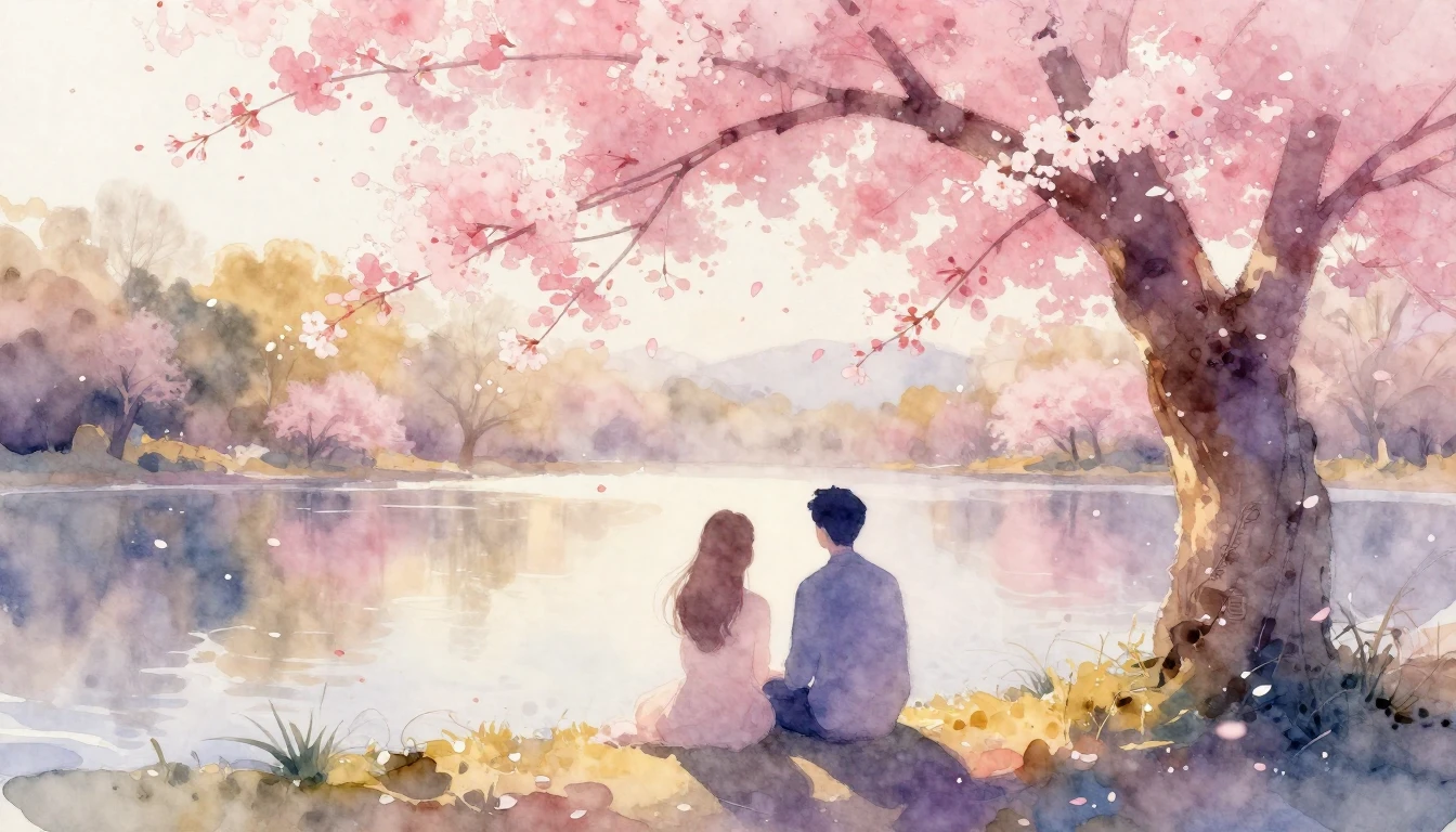 A dreamy watercolor painting of two abstract silhouettes sit...