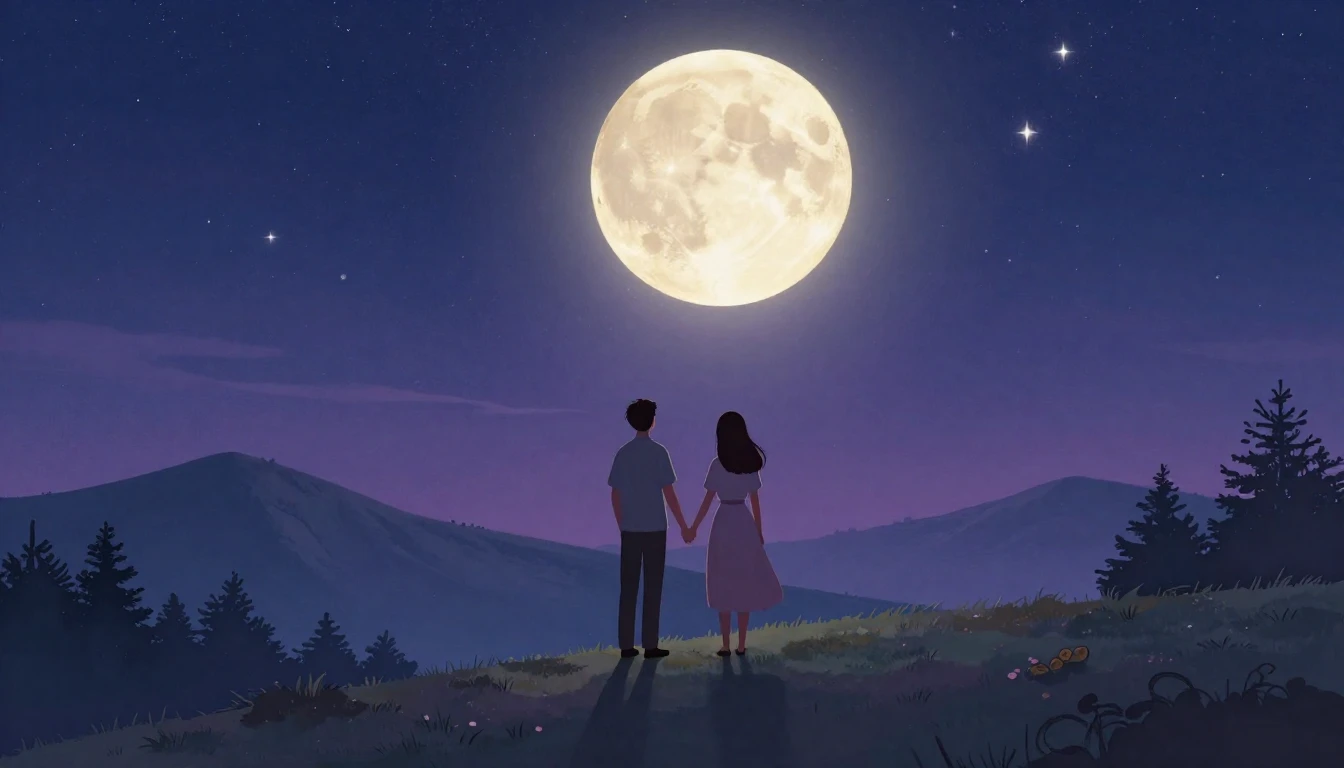 A romantic and artistic illustration of a couple standing on...