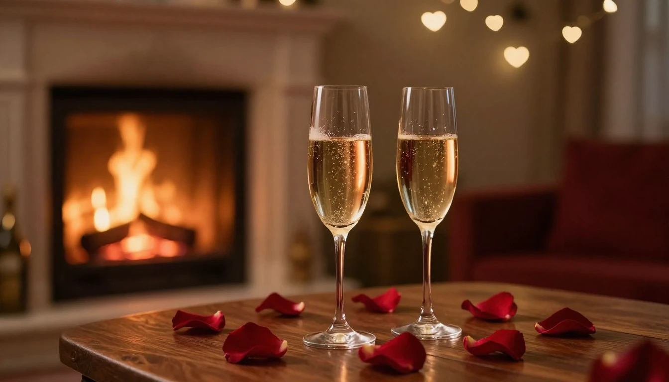 A romantic and serene scene featuring two elegant glasses of...