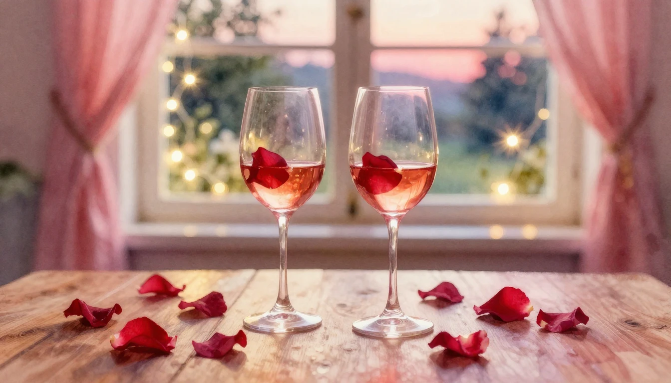 A dreamy and romantic scene featuring two elegant wine glass...