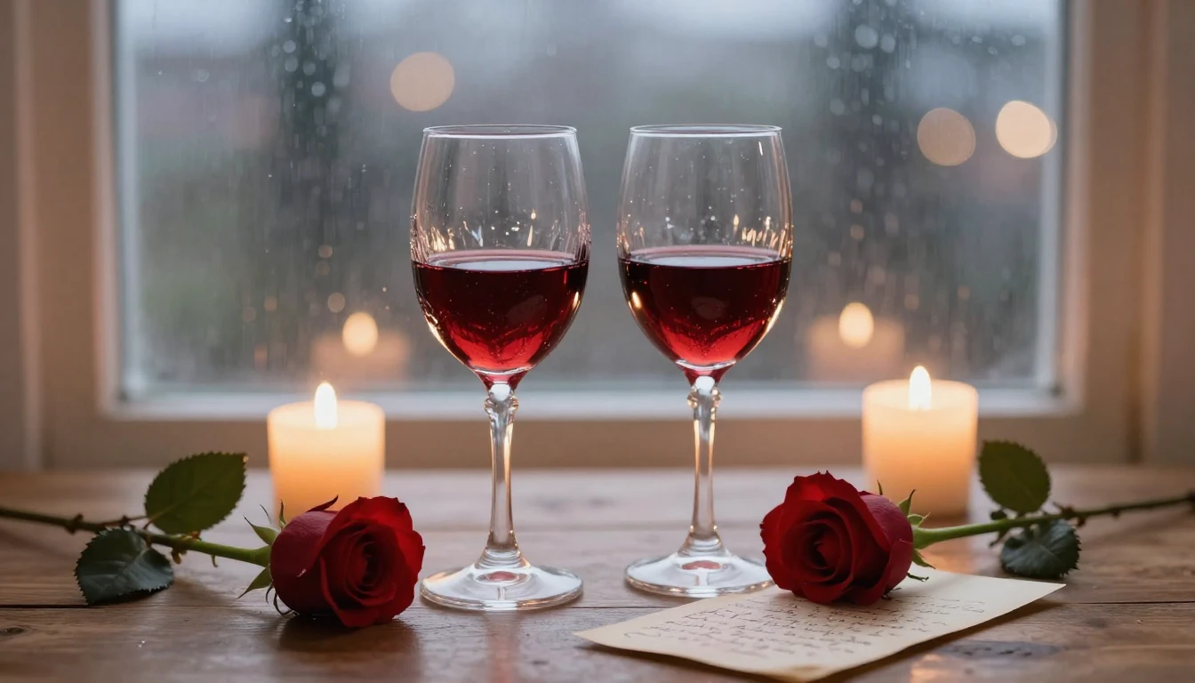 A romantic close-up scene on a wooden table, featuring two c...