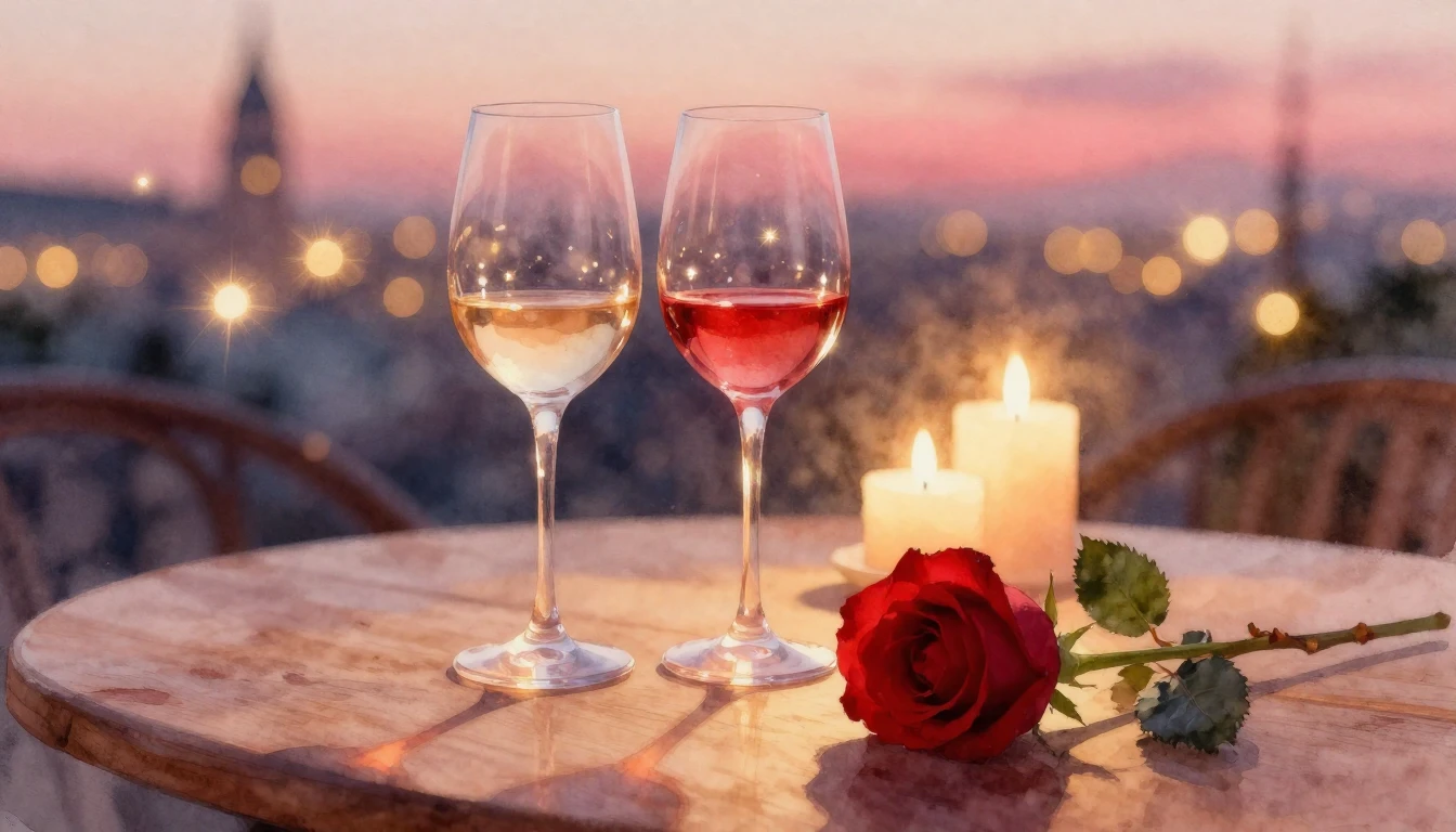 A delicate watercolor painting of two elegant wine glasses s...