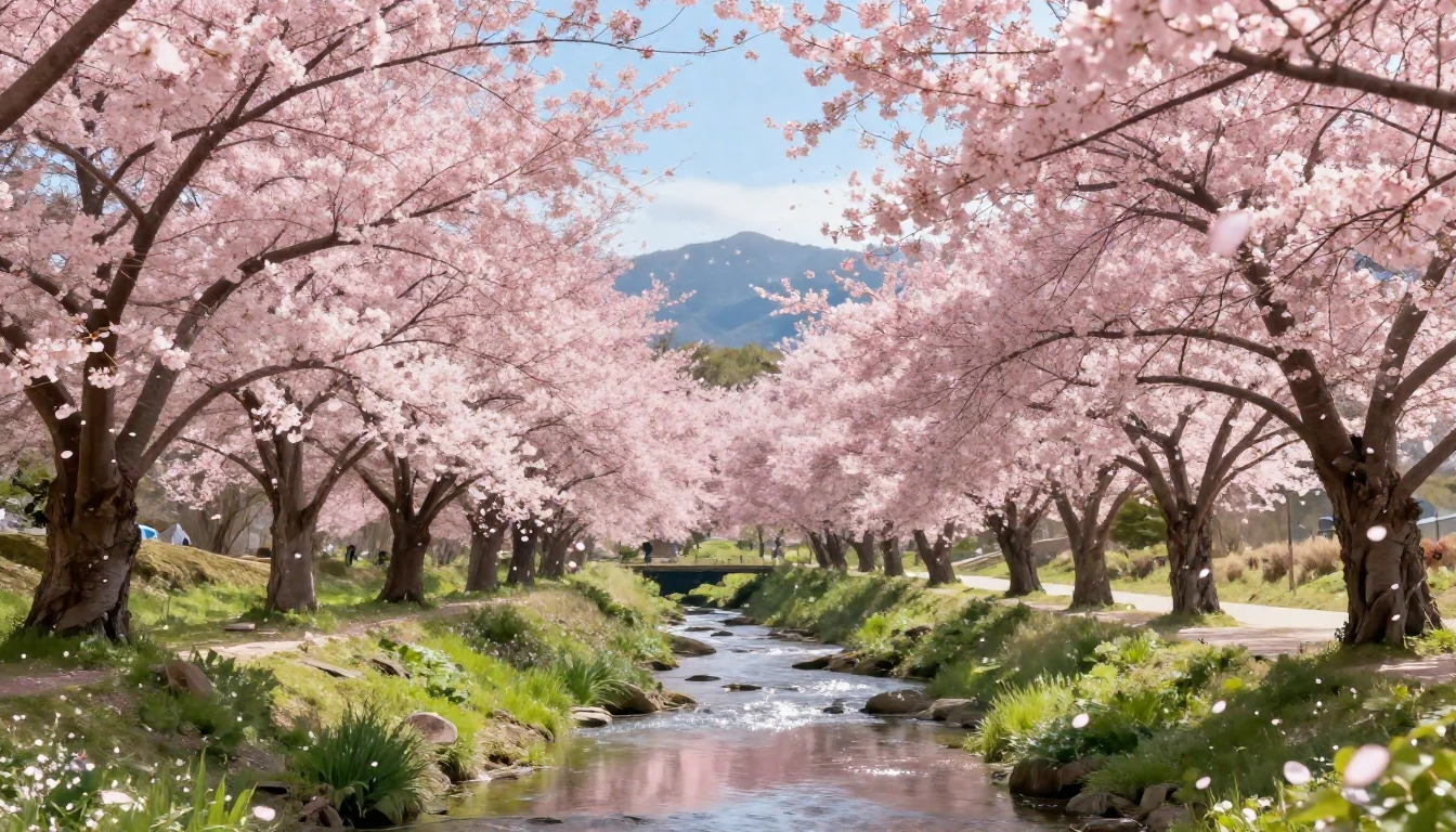 A picturesque landscape showcasing a grove of ancient cherry...