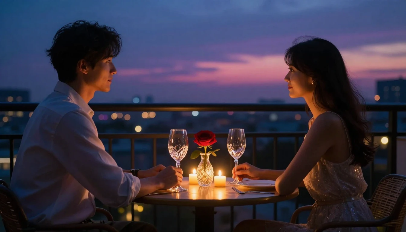 A breathtakingly romantic scene featuring a small table set ...