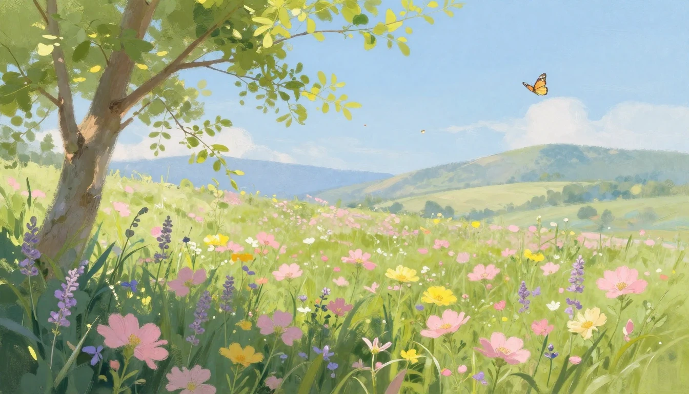 A lush meadow filled with blooming wildflowers in shades of ...