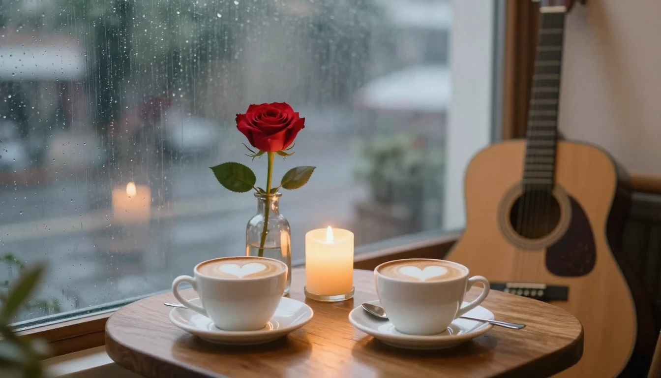 A romantic and intimate setting in a cozy cafe by a window w...