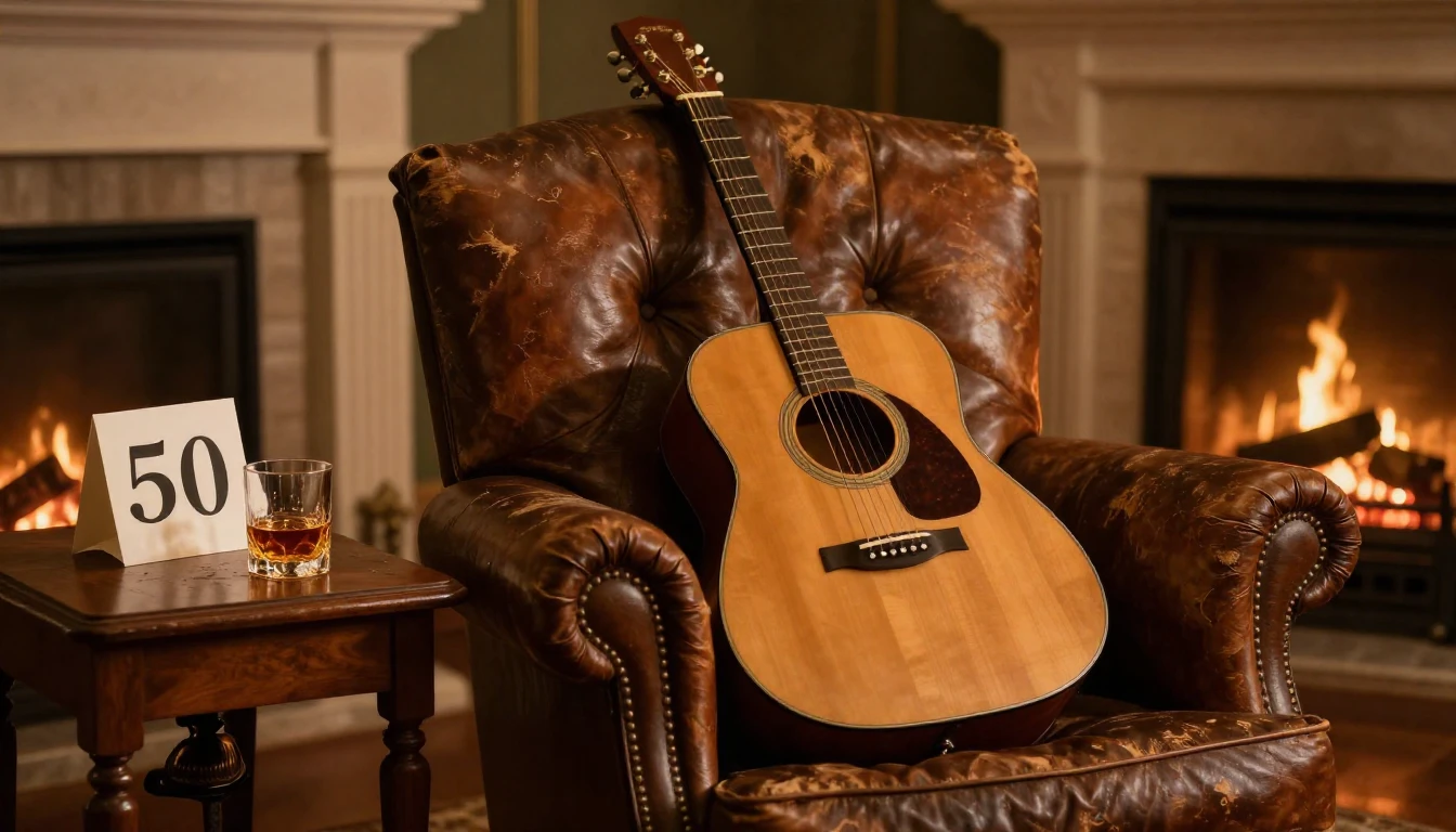 A warm, nostalgic scene featuring a vintage acoustic guitar ...