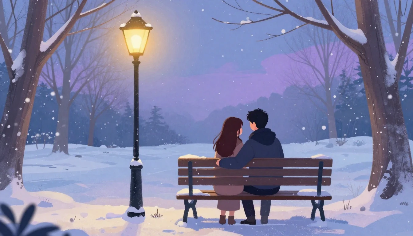A romantic and cozy illustration of a couple sitting on a be...