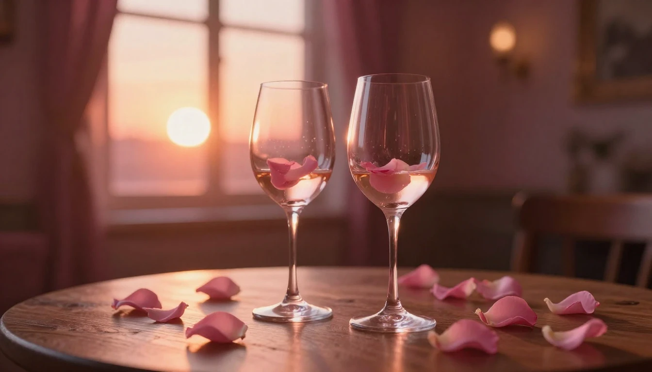 A beautiful and romantic scene featuring two elegant wine gl...