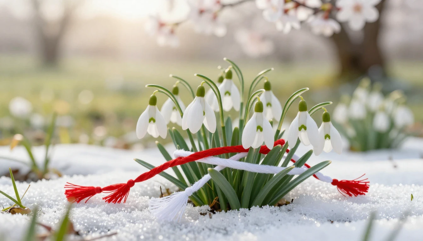 A beautiful composition of delicate white snowdrops emerging...