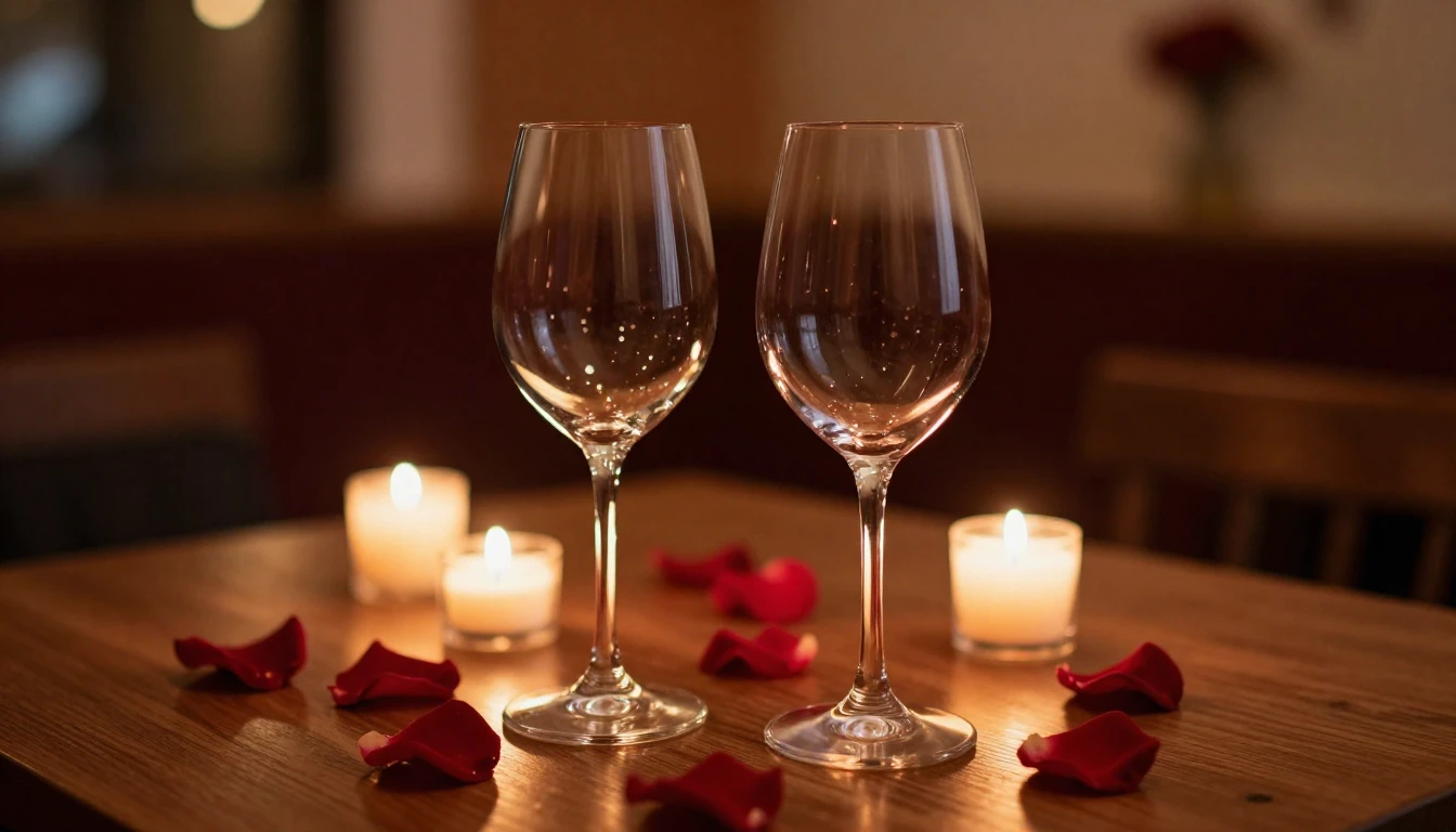 A close-up shot of two elegant wine glasses on a wooden tabl...