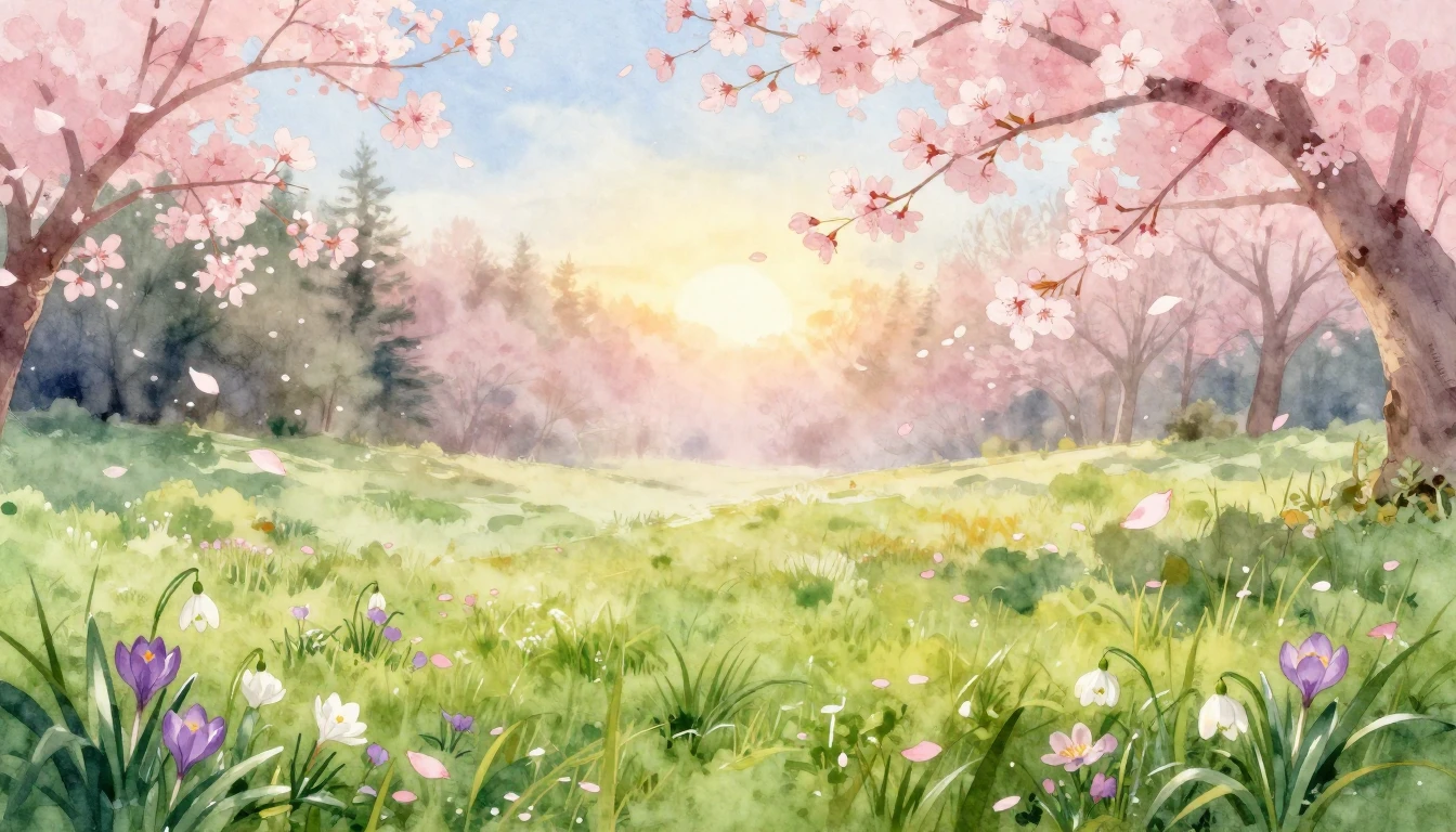 A breathtaking watercolor painting of a lush meadow at dawn ...