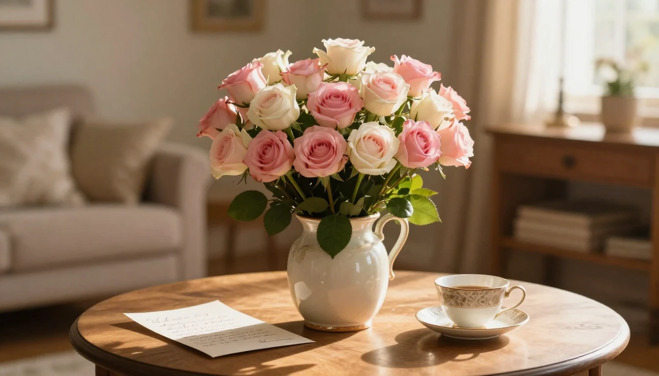 A warm and nostalgic composition featuring a beautiful bouqu...