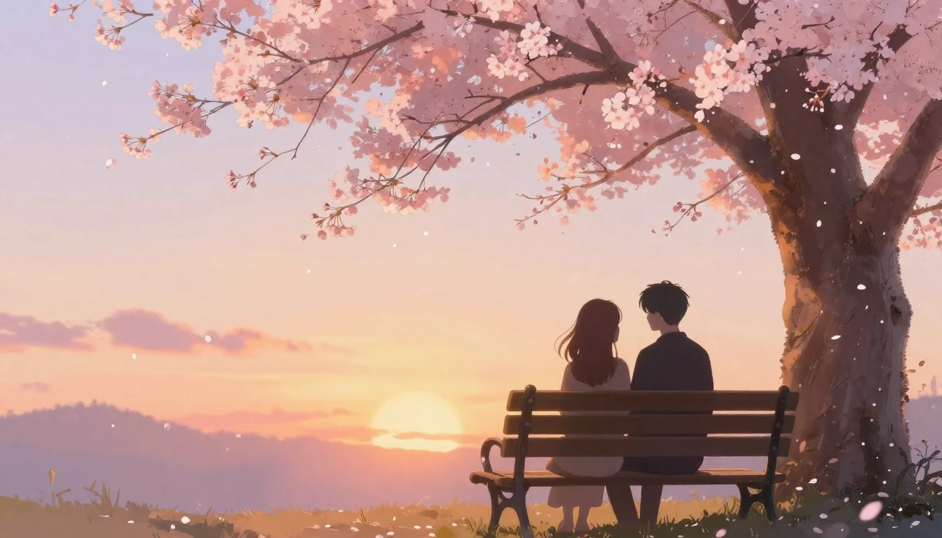A romantic and dreamy scene depicting two silhouettes sittin...