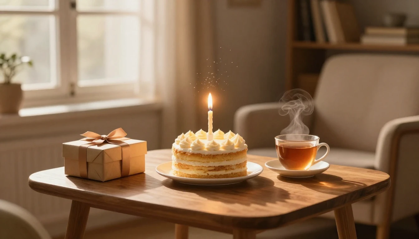 A cozy indoor scene featuring a small wooden table with a gl...