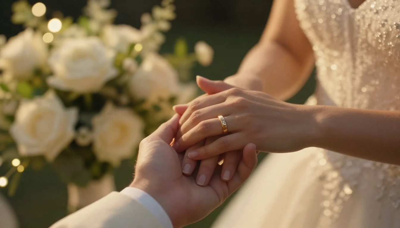 Cinematic close-up shot of a newlywed couple holding hands, ...