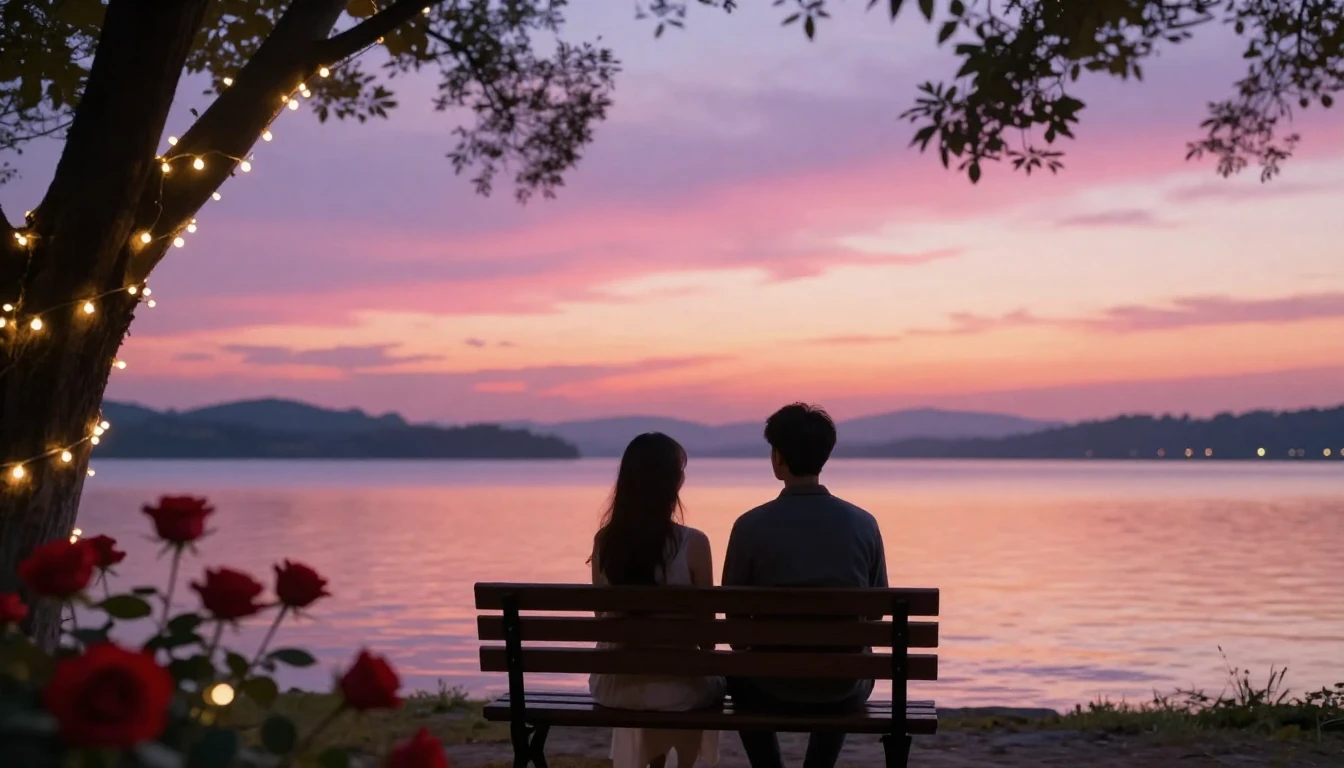 A romantic and soft composition showing two silhouettes sitt...