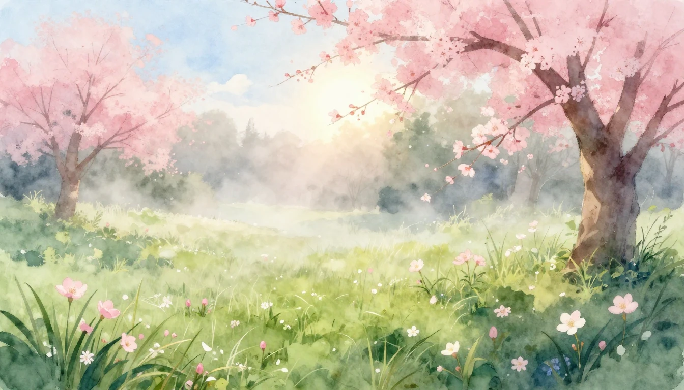 A beautiful watercolor painting of a lush meadow at dawn dur...
