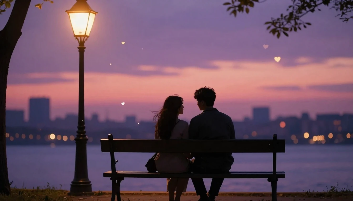 A romantic and dreamy scene featuring two silhouettes sittin...