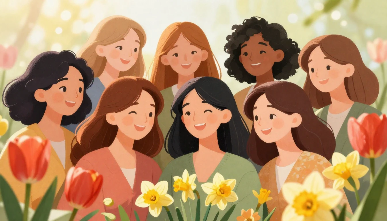 A beautiful, bright illustration celebrating women, featurin...
