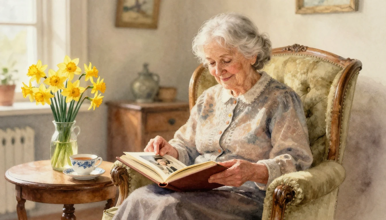 A gentle, heartwarming watercolor painting of an elderly wom...