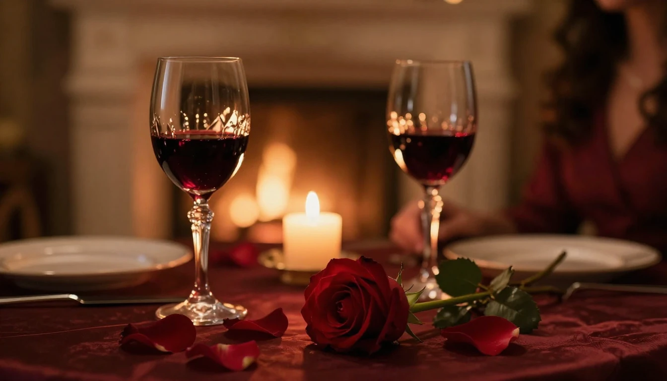 A close-up cinematic shot of a beautifully set table for two...
