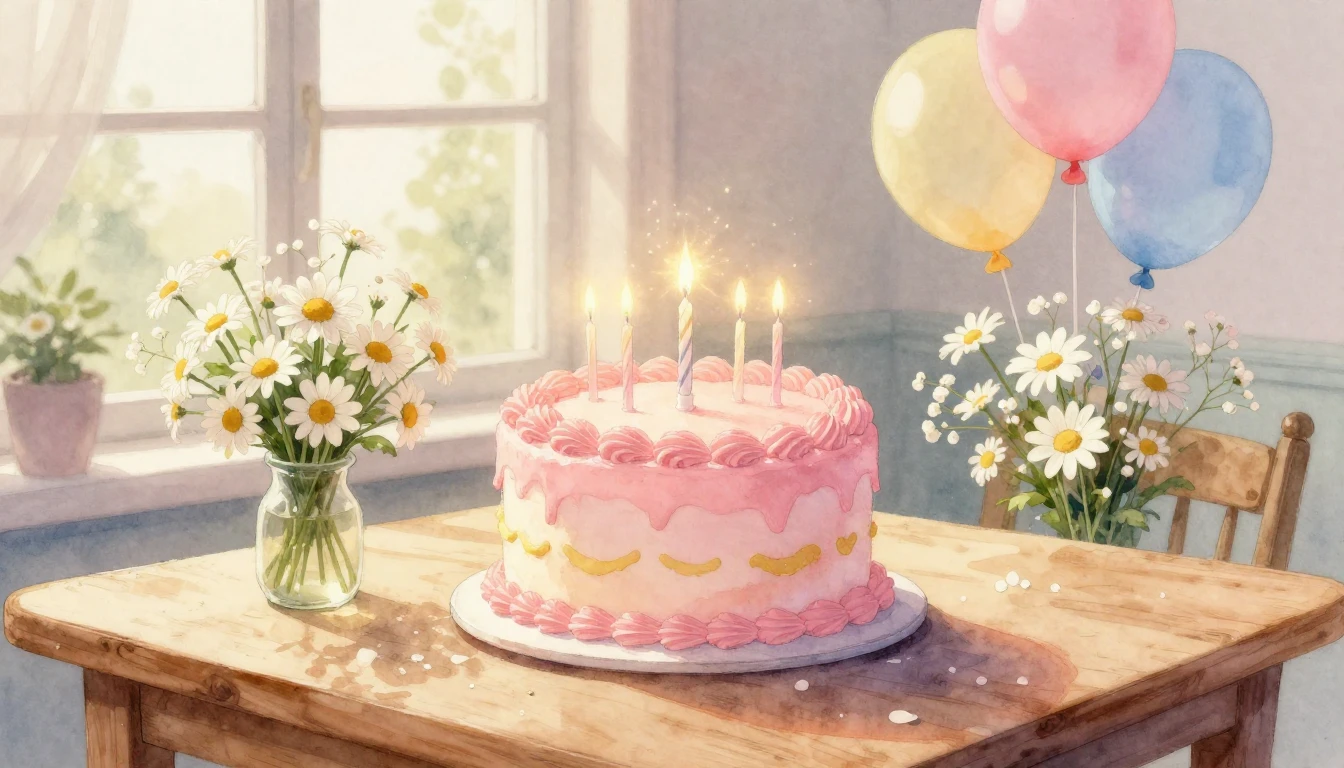 A whimsical and soft watercolor painting of a birthday celeb...