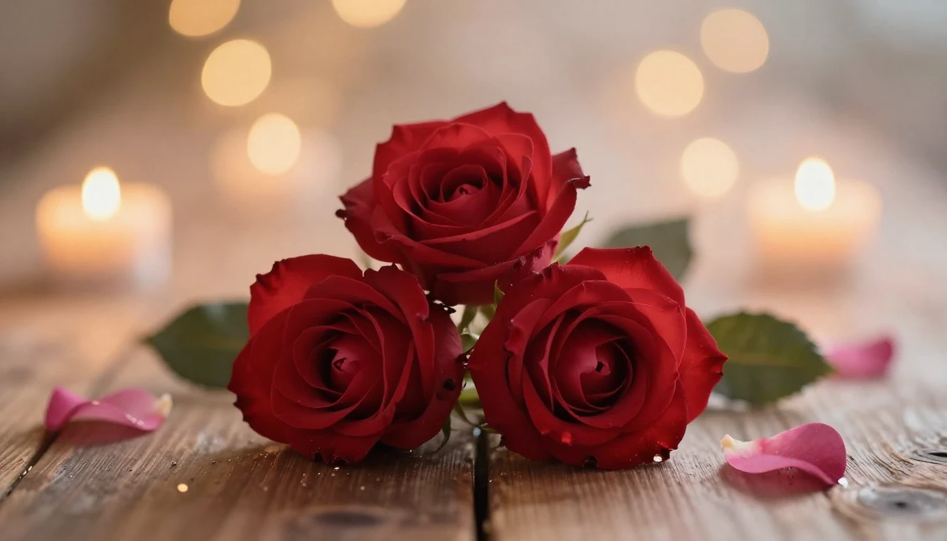 A soft and dreamy scene featuring two delicate red roses int...