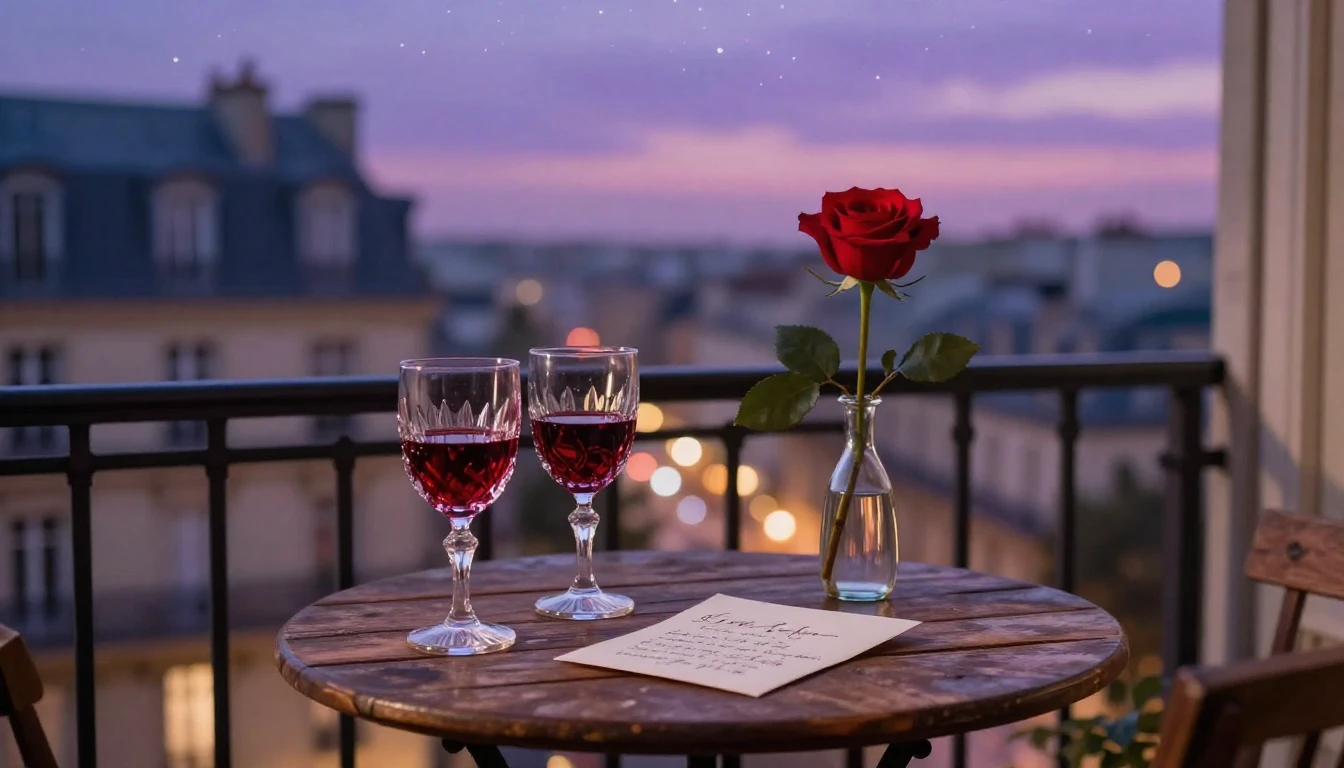 A highly romantic and intimate scene set on a small balcony ...