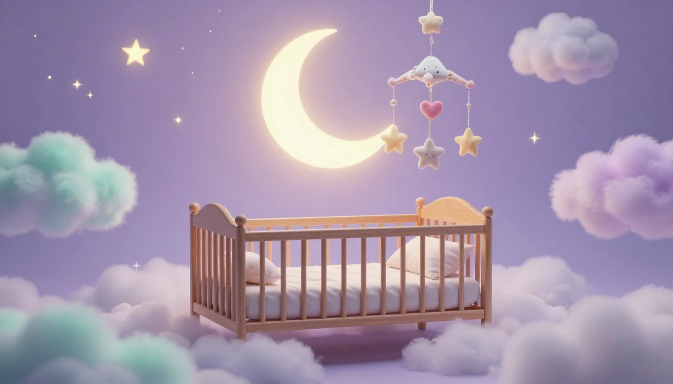 A soft and dreamy scene featuring a wooden cradle resting on...
