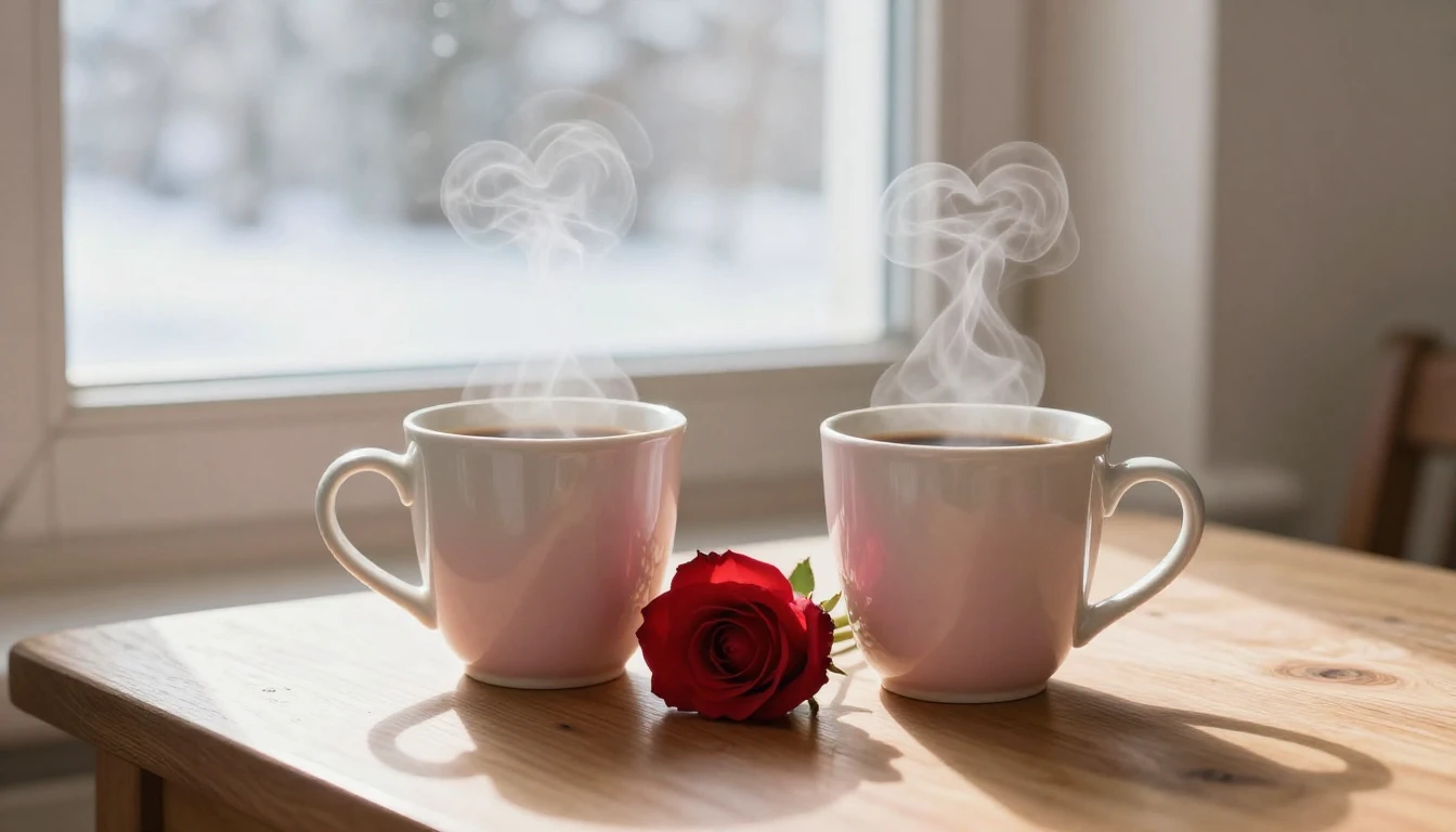 A soft and romantic composition depicting a cozy wooden tabl...