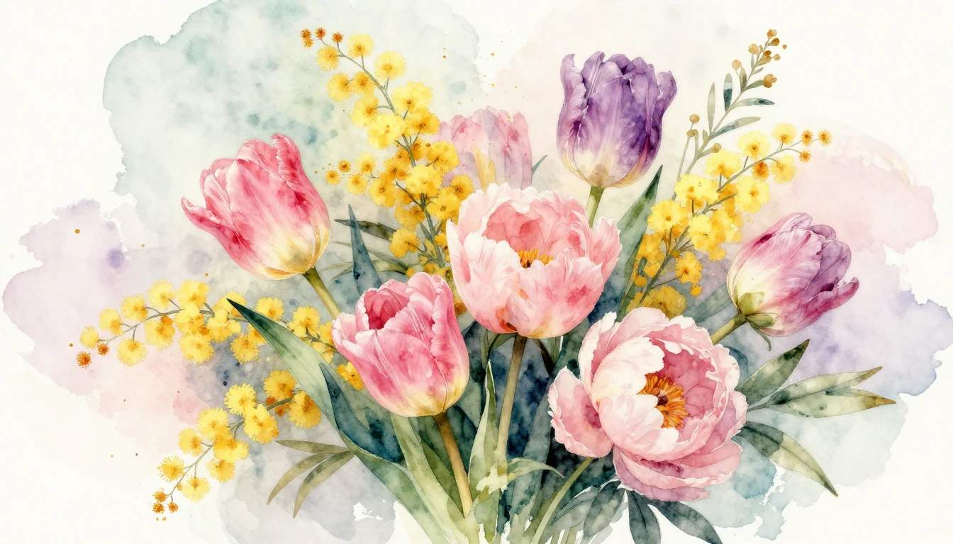 A beautiful watercolor painting of a lush spring bouquet fea...