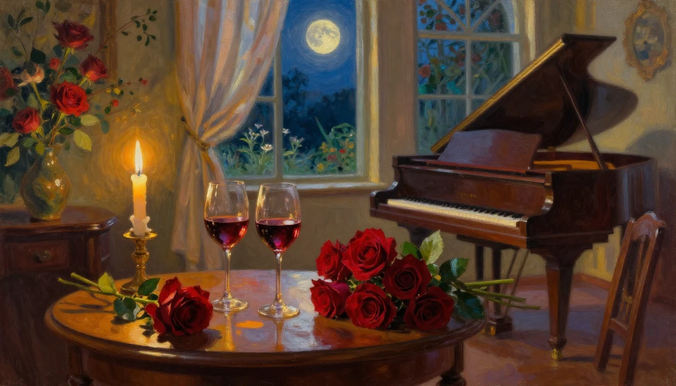 A lush oil painting of a cozy, candlelit room overlooking a ...