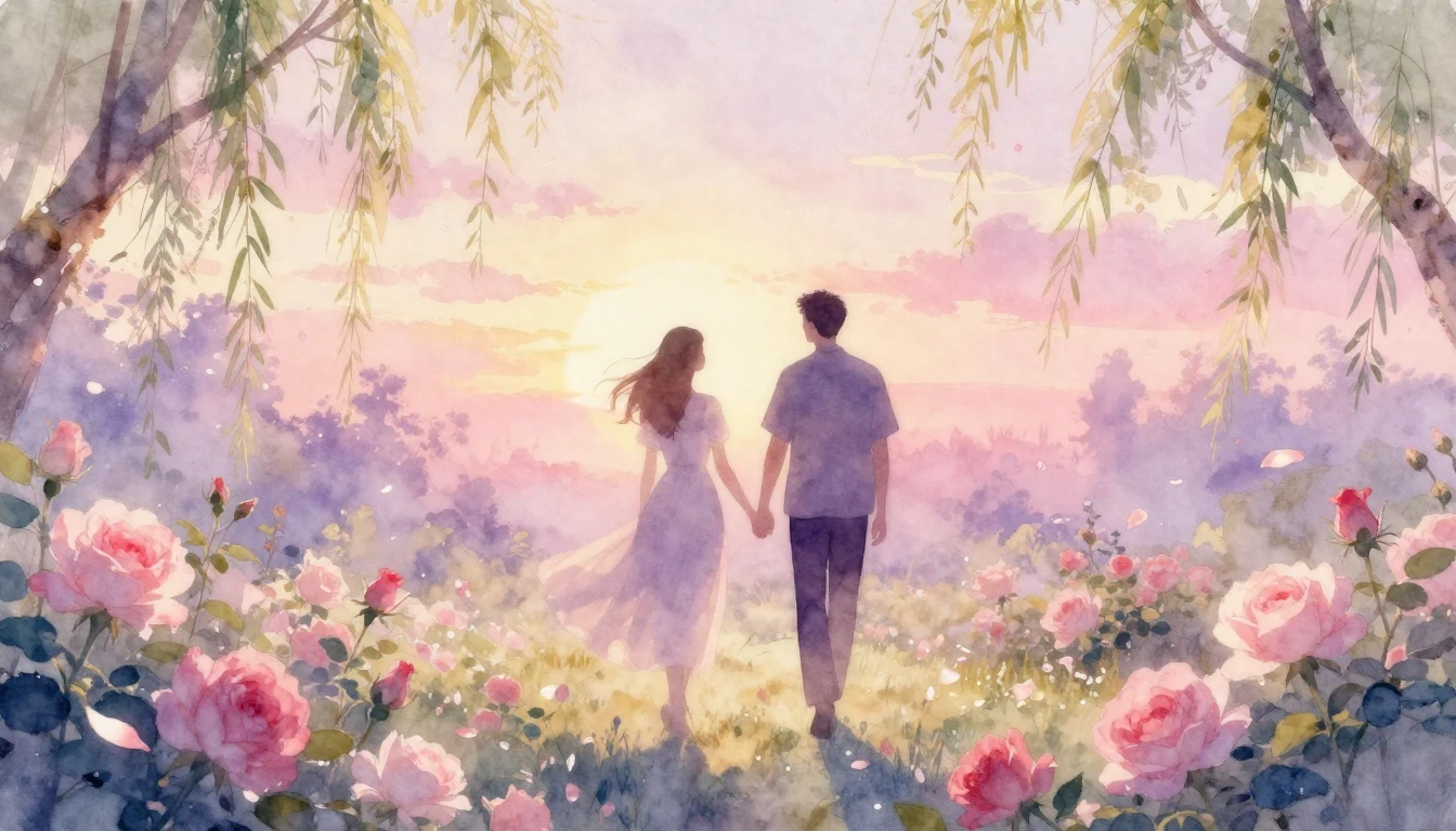 A delicate watercolor painting of two silhouettes walking ha...